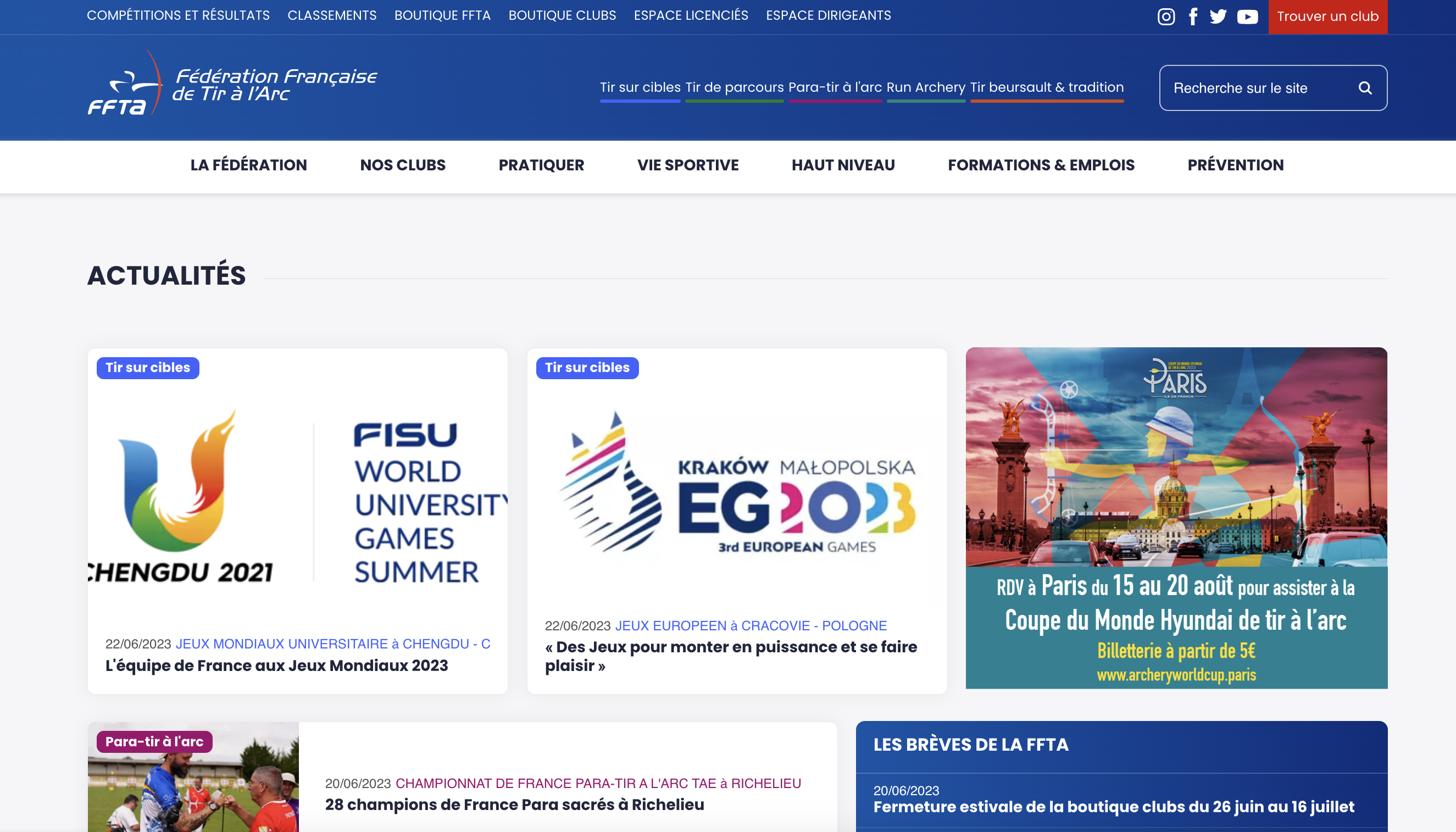 Page d'accueil site web ffta.fr